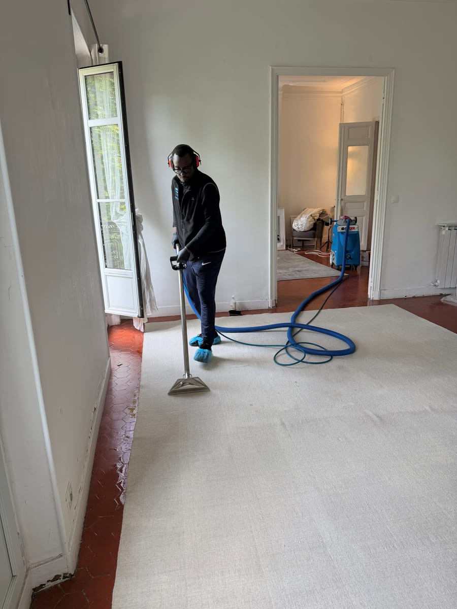 Intervenant à l'injecteur-extracteur sur une moquette claire, porte-fenêtre ouverte sur le jardin