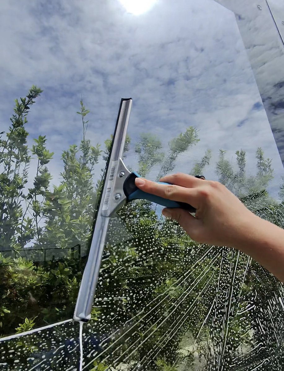 Raclette passée sur un grand vitrage ruisselant, ciel nuageux et arbustes reflétés dans le verre