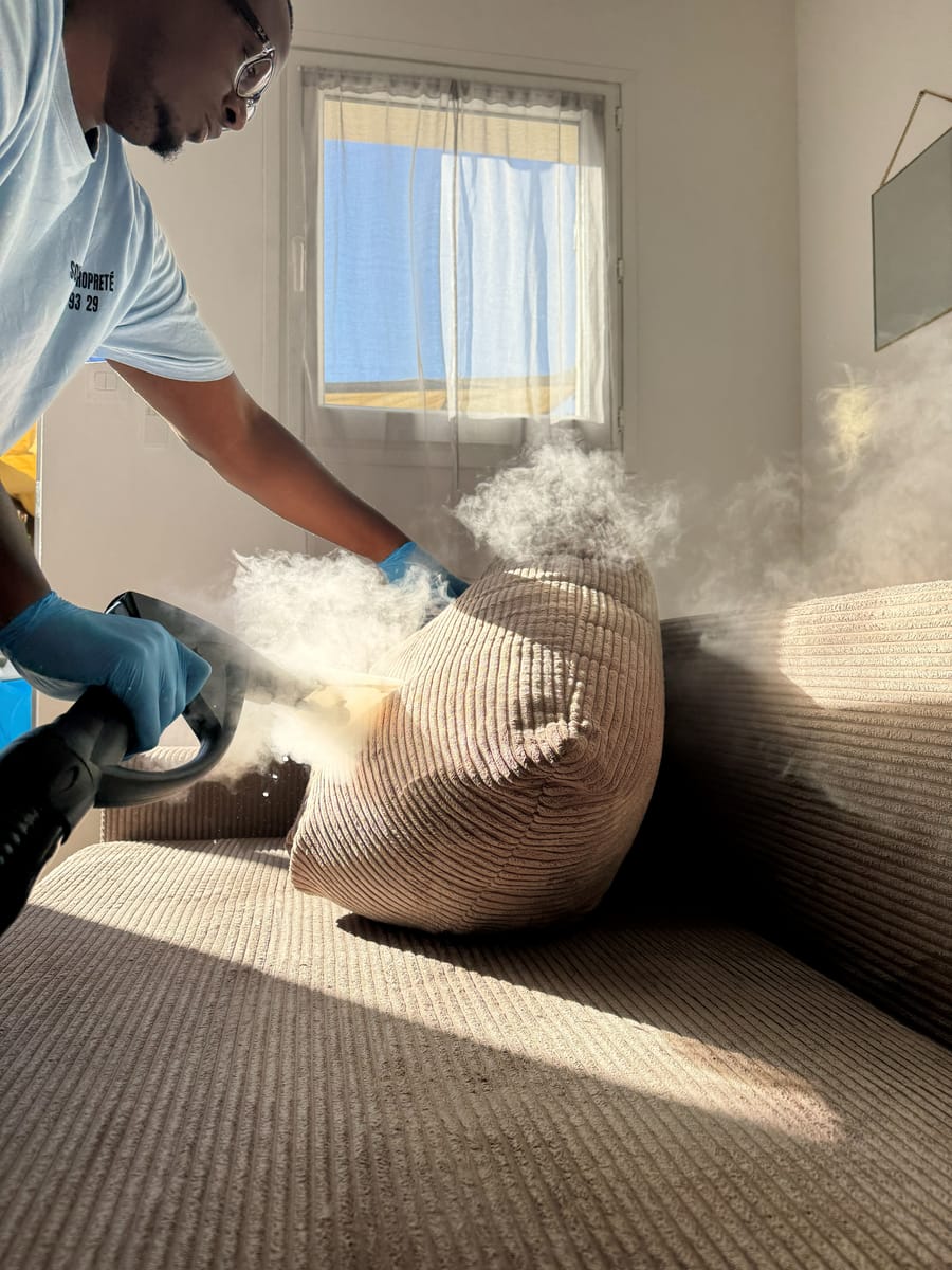 Soum passe le nettoyeur vapeur sur le coussin d'un canapé en velours côtelé beige, la vapeur est visible