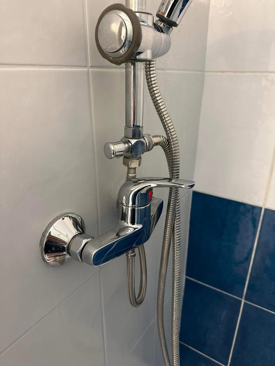 Mitigeur de douche chromé détartré, flexible et pomme brillants sur faïence blanche et bleue