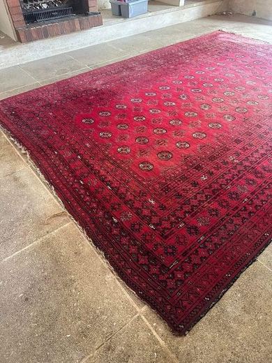 Le tapis persan nettoyé vu de trois quarts, bordure sombre et médaillons bien lisibles