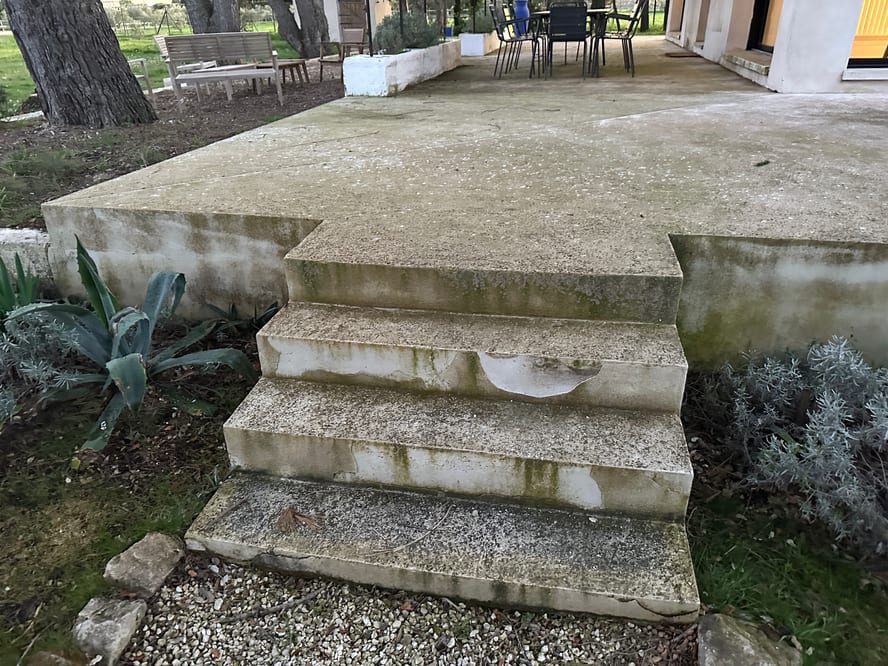 Escalier de pierre d'un jardin verdi et taché, terrasse en béton encrassée au-dessus