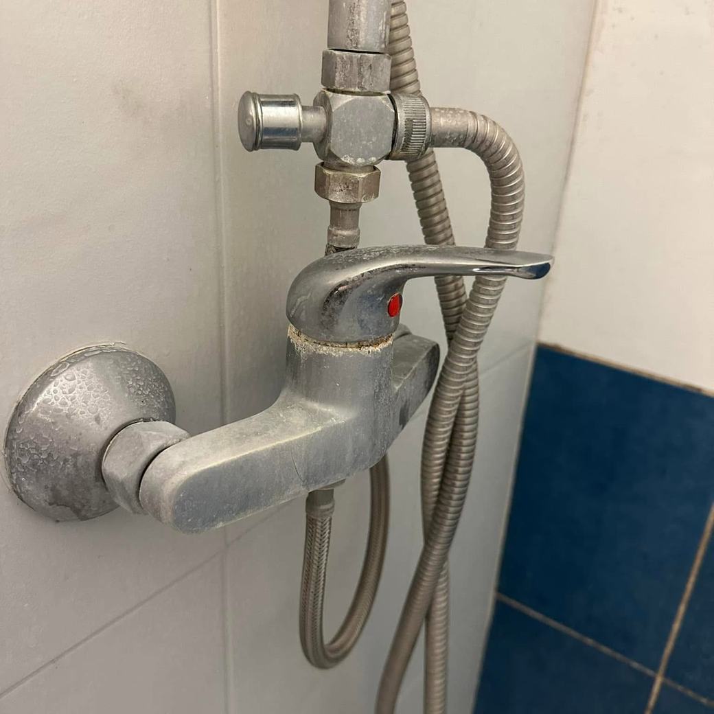Mitigeur de douche chromé terni par le calcaire, flexible et rosace entartrés